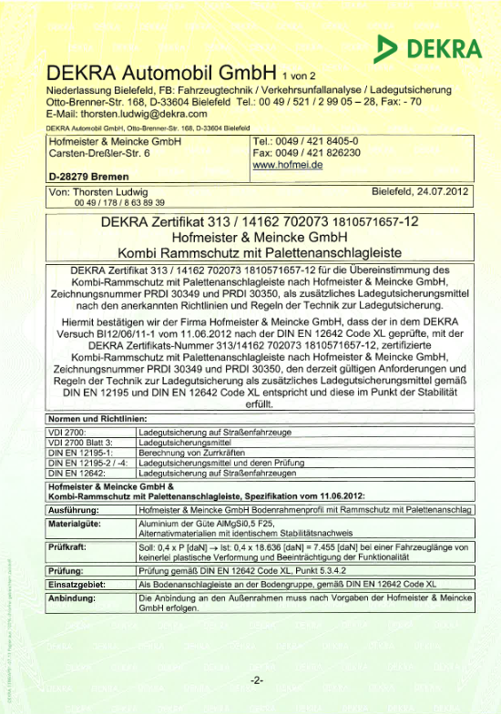 DEKRA Zertifikat Kombi Rammschutz mit Palettenanschlagsleiste