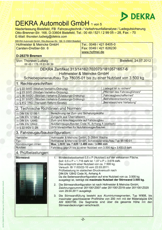 DEKRA Zertifikat Schiebeplanenaufbau Typ 78035-01