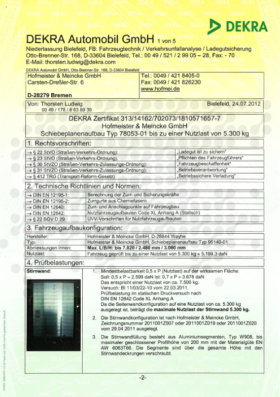 DEKRA Zertifikat Schiebeplanenaufbau Typ 78053-01