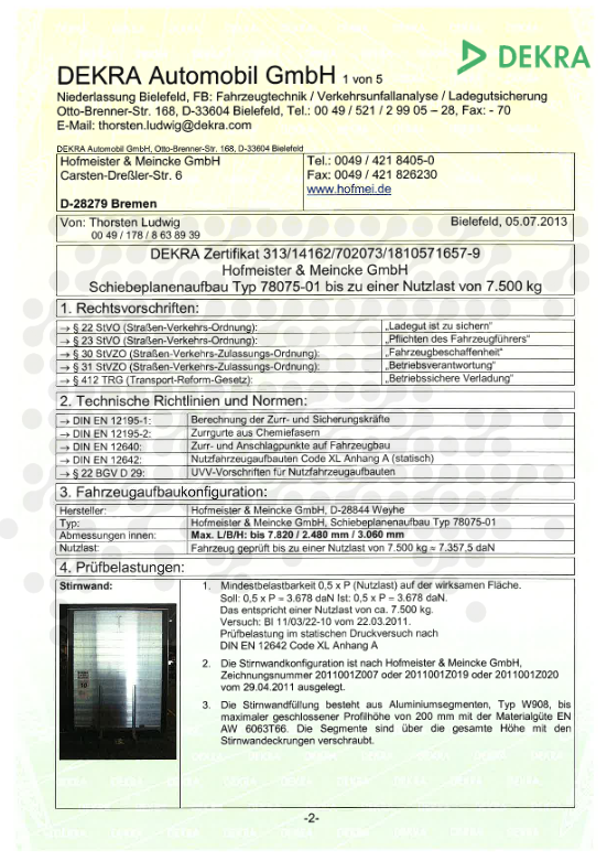 DEKRA Zertifikat Schiebeplanenaufbau Typ 78075-01