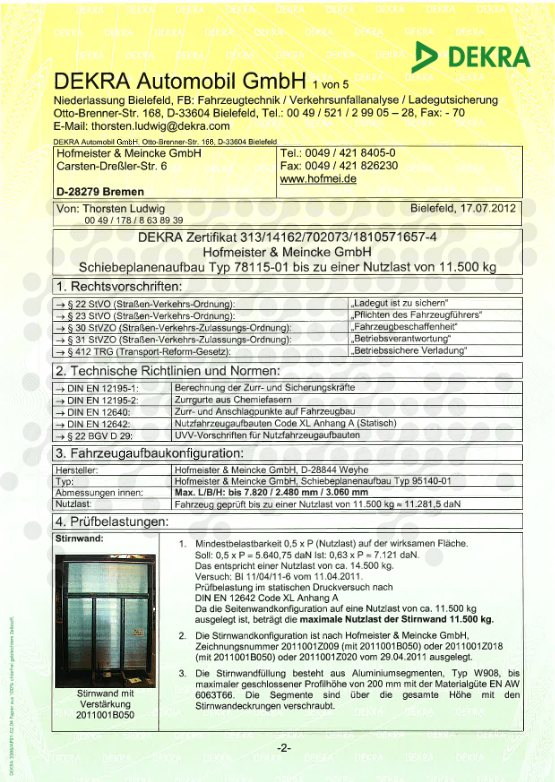 DEKRA Zertifikat Schiebeplanenaufbau Typ 78115-01