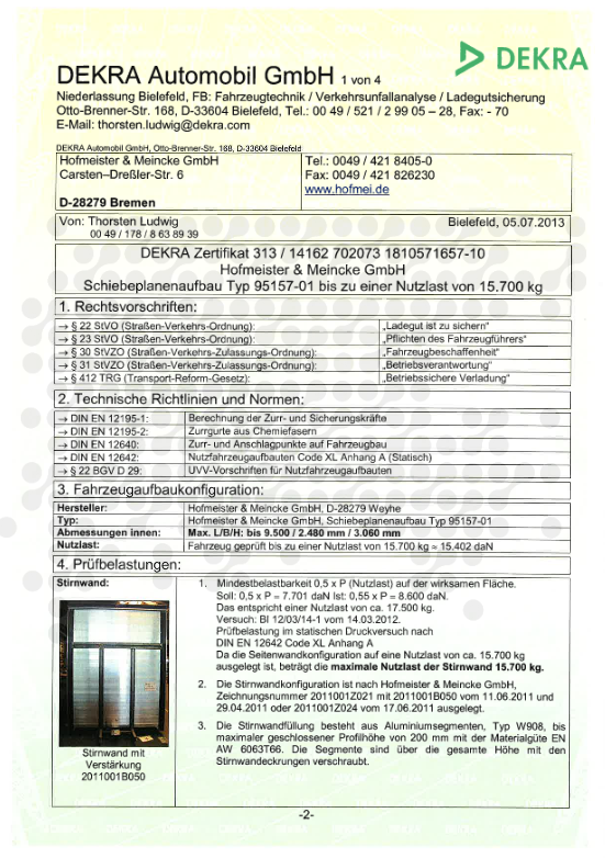 DEKRA Zertifikat Schiebeplanenaufbau Typ 95157-01
