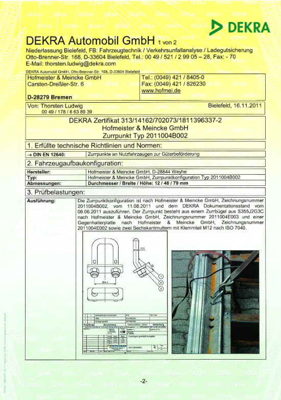 DEKRA Zertifikat Zurrbügel glatter Bügel nach DIN EN 12640 - gekröpfte Ausführung