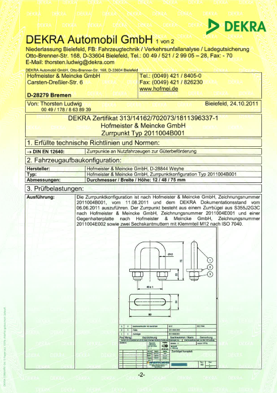 DEKRA Zertifikat Zurrbügel glatter Bügel nach DIN EN 12640 - gerade Ausführung
